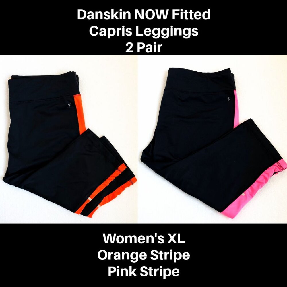DANSKIN NOW Leggings 2 Pair Lot Black Pink / Orange Stripe Athletic Capri XL